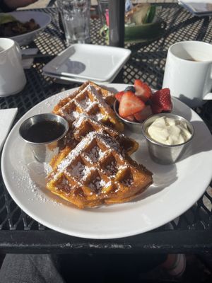 Delicious waffles, complete with a vegan whipped cream at Irregardless Cafe in Raleigh