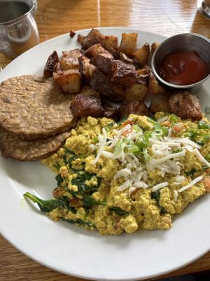 tofu scramble with potatoes and plant-based sausage   at Irregardless Cafe in Raleigh