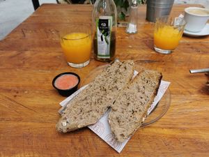 Tomato toast and orange juice at La Vaca Atada in Cadiz