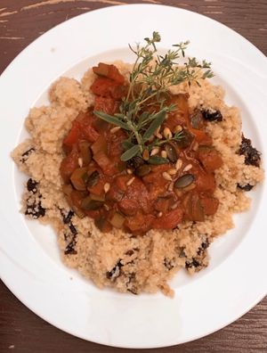 Couscous mit Dörrpflaumen, Kardamom und dazu Ratatouille  at Goldenes Lamm in Dinkelsbuehl
