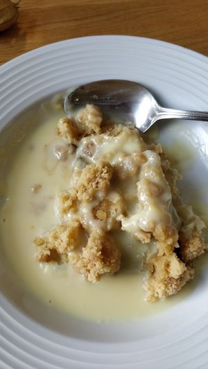 Vegan apple crumble with soya custard at Westbrook Inn in Chippenham