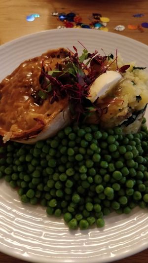 Mushroom, Tomato and Red Wine pie w/ side of peas at Westbrook Inn in Chippenham
