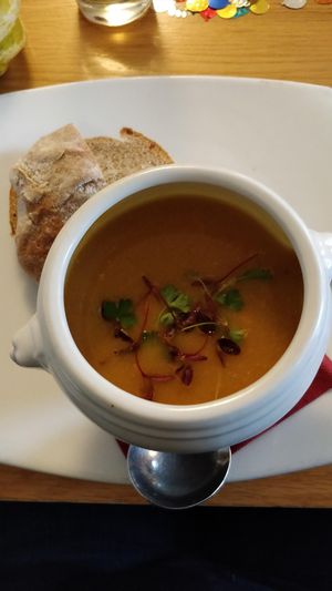 Vegan soup of the day - spiced pumpkin soup at Westbrook Inn in Chippenham