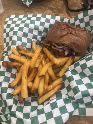“Bubba Sparxx” BBQ Jackfruit Sandwich, with fries at Local Green Atlanta  in Atlanta