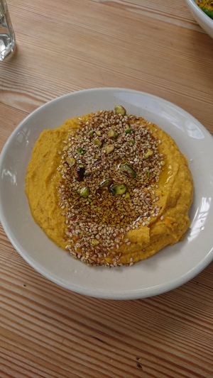 Carrot & cumin hummus at Potager Garden Café in Falmouth