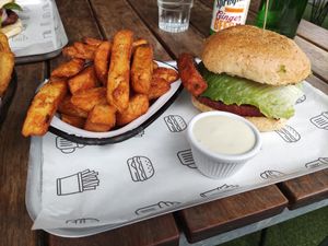 Vegan aïoli, chips and Shamburger at The Burger Haus in North Hobart