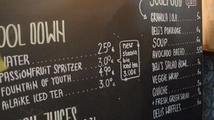 To the right are the entree options, and to the left are some cold beverages at Balance Deli in Frankfurt