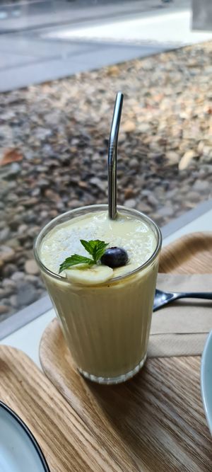 Banana smoothie (but we ordered mango) at Balance Deli in Frankfurt