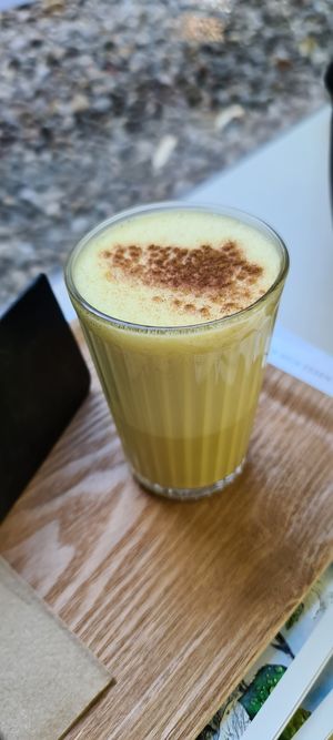 Very foamie golden mylk (oat milk) at Balance Deli in Frankfurt