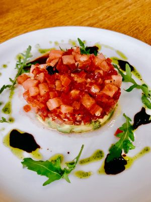 Vegan tartare made with avocado, tomato and watermelon  at Eat Well Restaurant in Dubai