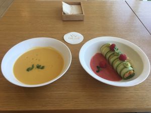 Red Lentil Soup & Cucumber Sushi.. 😋 at Eat Well Restaurant in Dubai