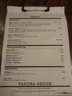Menu at Varuna Gezgin in Istanbul