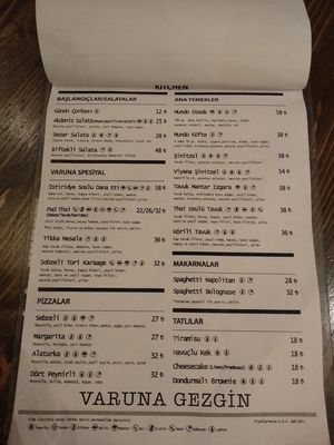 Menu at Varuna Gezgin in Istanbul