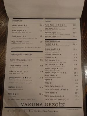 Menu at Varuna Gezgin in Istanbul