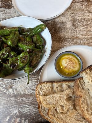 Padron peppers, sourdough with confit garlic and onion salt  at IV10 Cafe Bar Deli in Fortrose