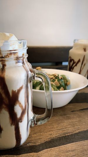 Nut milkshake and pesto potatoes. at Salvaxe.MX in Mexico City