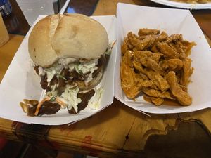 Vegan bbq sandwich (amazing) and vegan wings (wouldn’t recommend, came out chewy/overcooked) at Philadium in Philadelphia