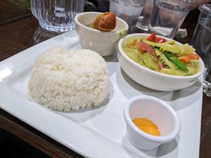 Green curry with tofu lunch special with pot sticker subbed with spring roll at Silver Dish in Provo