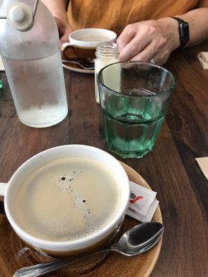 Decaf coffee with soy milk at Underground Dining in Bangor