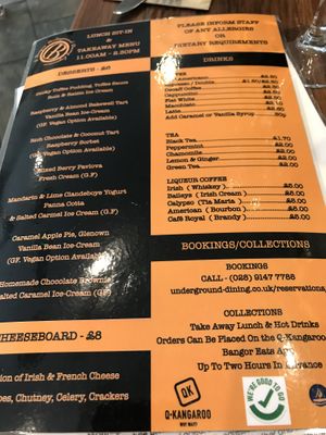 Menu at Underground Dining in Bangor