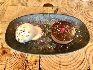 Chocolate torte with lemon sorbet   at Underground Dining in Bangor