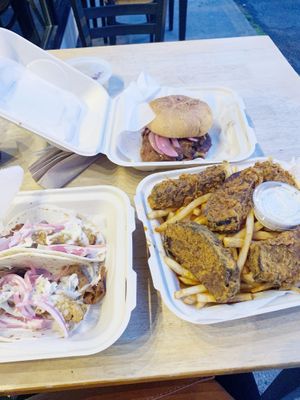 BBQ sandwich, dill pickle taco, Nashville strips basket  at V-Grits and Chimera Brewing in Louisville