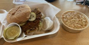 Nashville hot chicken sandwich and beer cheese mac & cheese at V-Grits and Chimera Brewing in Louisville