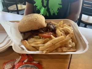 Jamaican jerk sandwich and fries at V-Grits and Chimera Brewing in Louisville