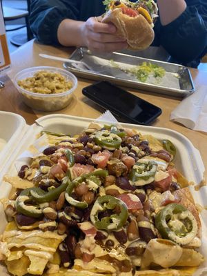 Chilli nachos, animal burger with a side of mac and cheese  at V-Grits and Chimera Brewing in Louisville