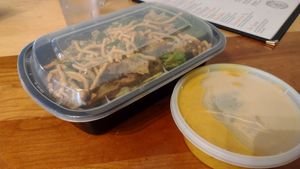 Thai salad & cup of pumpkin soup. All served in plastic to-go containers, even though we dined there at V-Grits and Chimera Brewing in Louisville