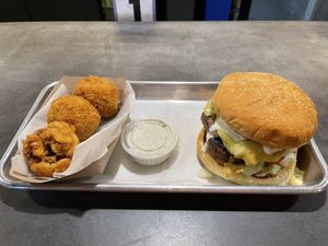 Shroom noir burger with fried mac and cheese bites   at V-Grits and Chimera Brewing in Louisville