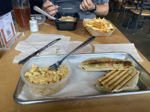 Crunch wrap, Mac n cheese, potato and chorizo wrap, fries. Beers!  at V-Grits and Chimera Brewing in Louisville