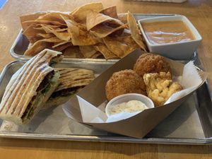 Chips and queso, Crunchwrap, and Mac and cheese bites (these were the best)  at V-Grits and Chimera Brewing in Louisville