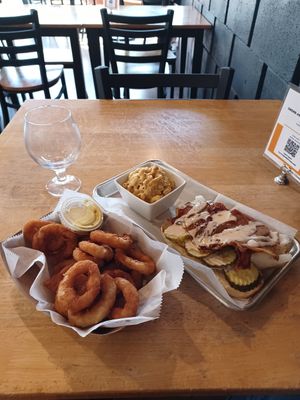Onion rings, Whiskey BBQ Sandwich, and Mac n cheese. at V-Grits and Chimera Brewing in Louisville