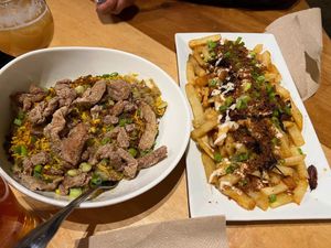 Popcorn chicken country bowl and Big Whiz Fries at V-Grits and Chimera Brewing in Louisville