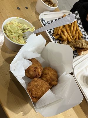 Fried Gouda Mac Bites, Honey Mustard Slaw (I believe my friend had the Chicken Tender Basket w/ Gouda Mac). 10/10  at V-Grits and Chimera Brewing in Louisville