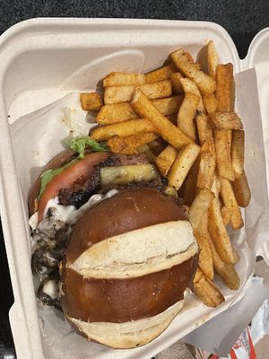 Mushroom Noir burger and fries  at V-Grits and Chimera Brewing in Louisville