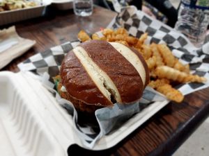 Spicy Chicken Sandwich with seasoned fries at V-Grits and Chimera Brewing in Louisville