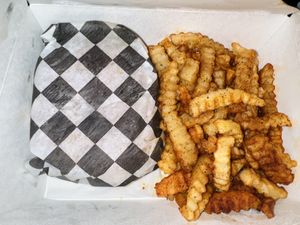 Burger with fries  at V-Grits and Chimera Brewing in Louisville