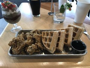 Vegan Waffles & Chicken 😍. Soooo delicious. at V-Grits and Chimera Brewing in Louisville