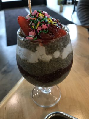 Chia parfait - Strawberry Shortcake sooo good the portions are so huge at V-Grits and Chimera Brewing in Louisville