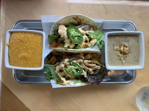 Pineapple tacos with mushroom soup and cheese grits  at V-Grits and Chimera Brewing in Louisville