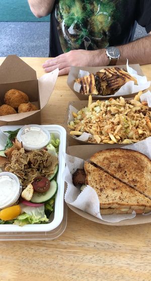 Fried mac n cheese bites, the cuban, chef salad, cheeseburger fries, and patty melt.  at V-Grits and Chimera Brewing in Louisville
