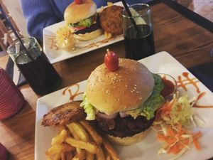 Vegan & veggie burger with hashbrown & chips  at Beats Burger in Marrakech