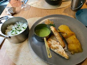 Tofu Bio in coconut, lentil podi, slow-cooked pineapple, green curry and rice at Veganapati in Lisbon