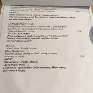 Menu at Veganapati in Lisbon