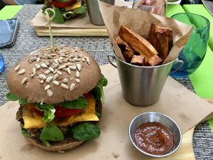 Brownie burger with sweet potatoes - delicious! at Veganapati in Lisbon