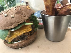 Rice and bean burger  at Veganapati in Lisbon