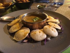Small nan bread and lentils sauce at Veganapati in Lisbon