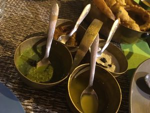 Appetizers sauce.
(From left to right)
Top: Tomato, Coconut
Bottom: Coriander, Olive oil at Veganapati in Lisbon
